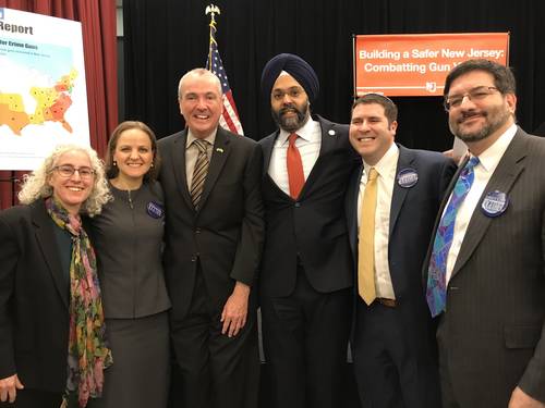 NJ rabbinic colleagues at a gun safety advocacy press conference after we met with Governor Murphy and Attorney General Grewal regarding the "Do Not Stand Idly By" campaign. Rabbi Faith Joy Dantowitz of Temple B'nai Abraham in Livingston; Rabbi Jennifer Schlosberg of Glen Rock Jewish Center in Glen Rock; Governor Phil Murphy; Attorney General Gurbir Grewal; Rabbi Jesse Olitzky of Congregation Beth El in South Orange; Rabbi Joel Abraham of Temple Sholom in Scotch Plains